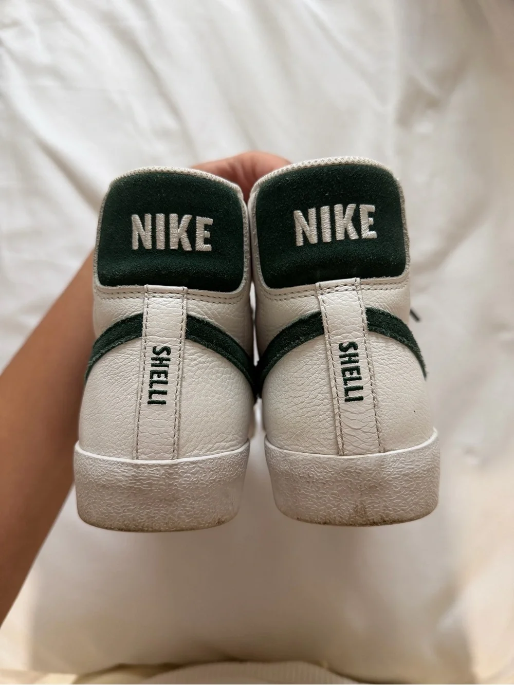 White Nike Blazers with Dark Green Swoosh